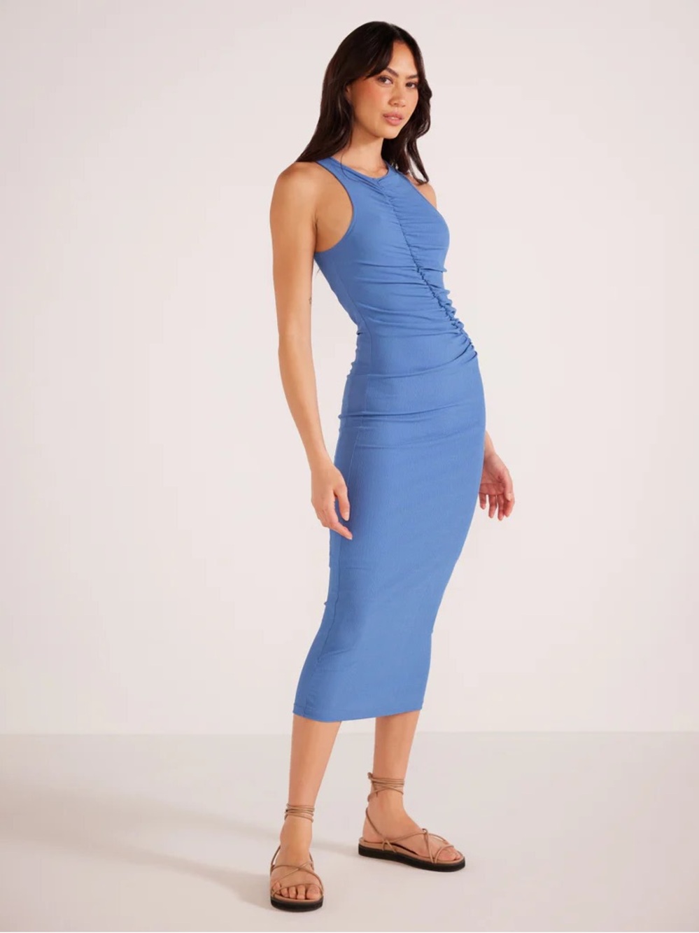 NWT MINKPINK Louis Asymmetric Ruched Blue Midi Dress Size M